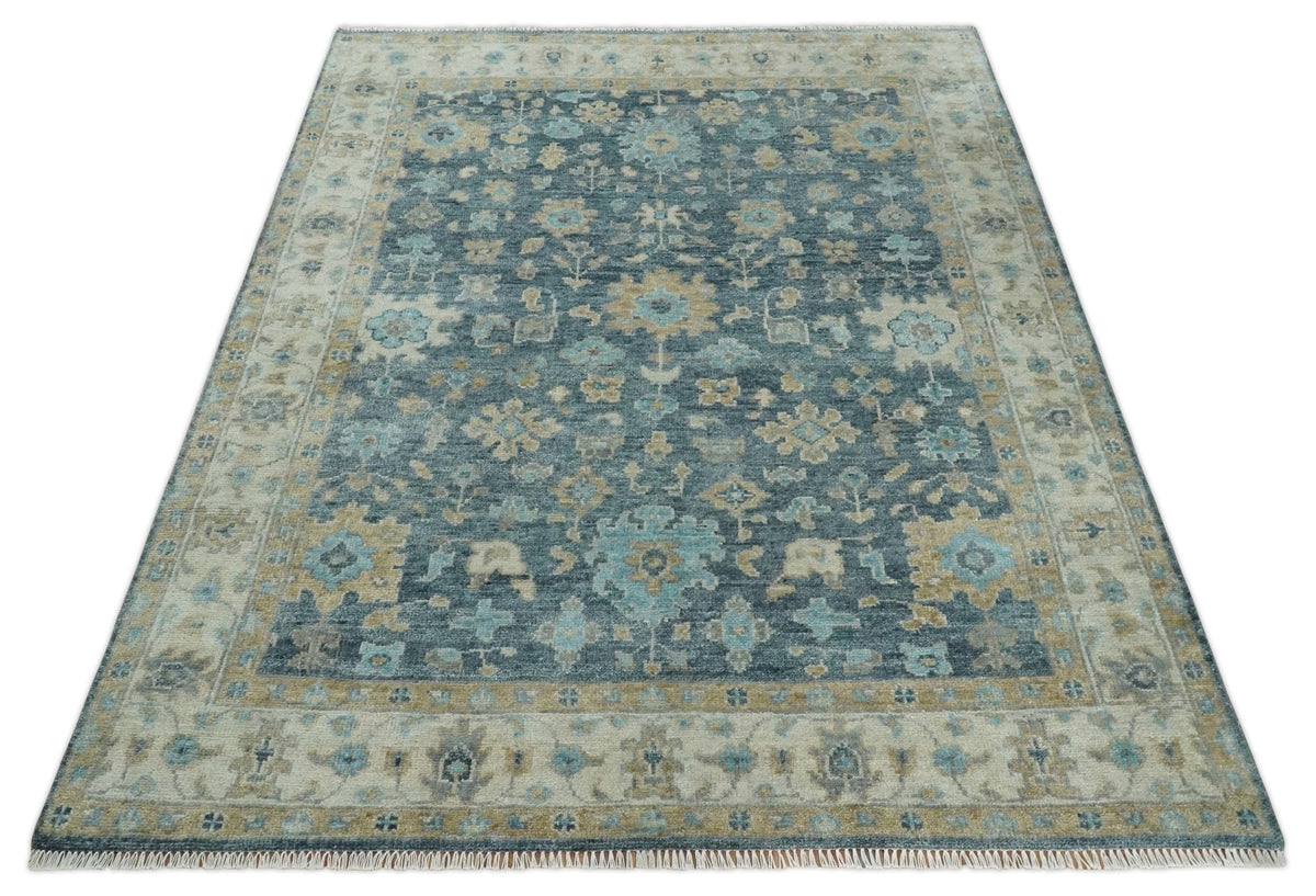 Custom Made Teal and Beige Hand Knotted Oriental Oushak Wool Area Rug.