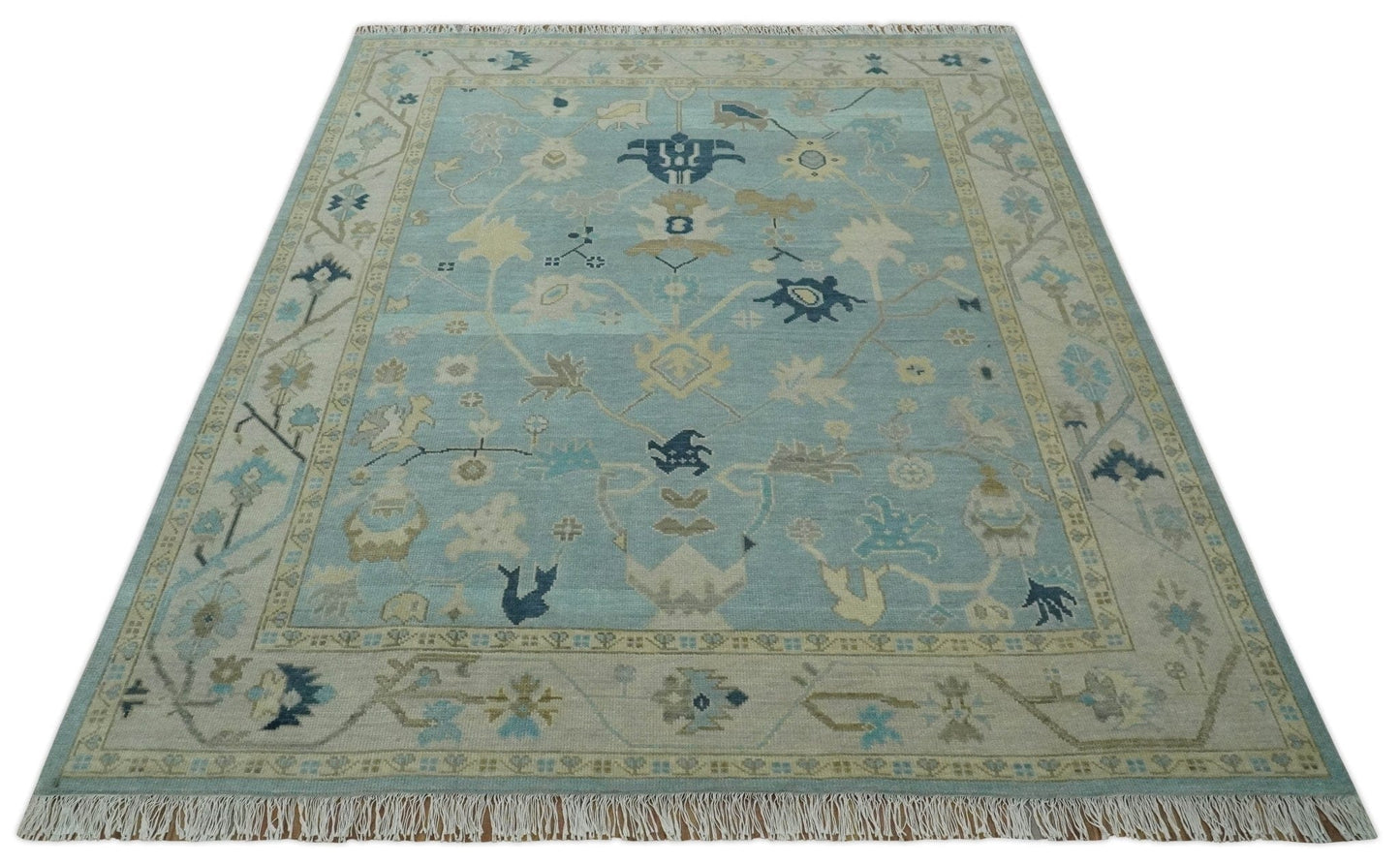 The Rug Decor Area Rug Custom Made Aqua, Ivory and Beige Hand knotted Oriental Oushak wool Area Rug Custom Made Aqua, Ivory and Beige Hand knotted Oriental Oushak wool Area Rug