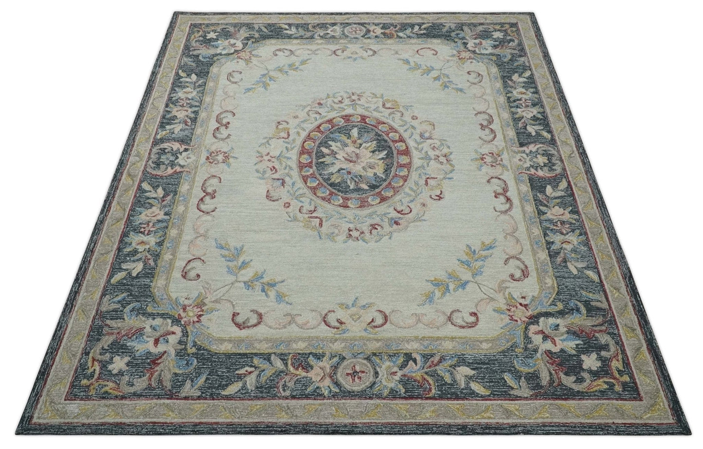 The Rug Decor Area Rug Custom Made Beige and Charcoal Aubusson French design Hand Tufted wool Area Rug Custom Made Beige and Charcoal Aubusson French design Hand Tufted wool Area Rug