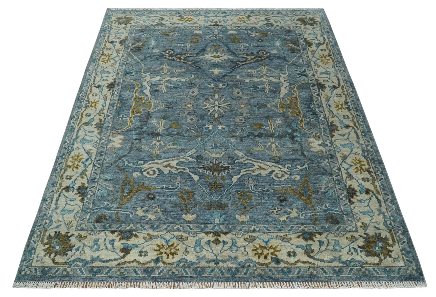 The Rug Decor Area Rug Custom Made Blue and Ivory Antique Style Hand knotted Oriental Oushak wool Area Rug Custom Made Blue and Ivory Antique Style Hand knotted Oriental Oushak wool Area Rug