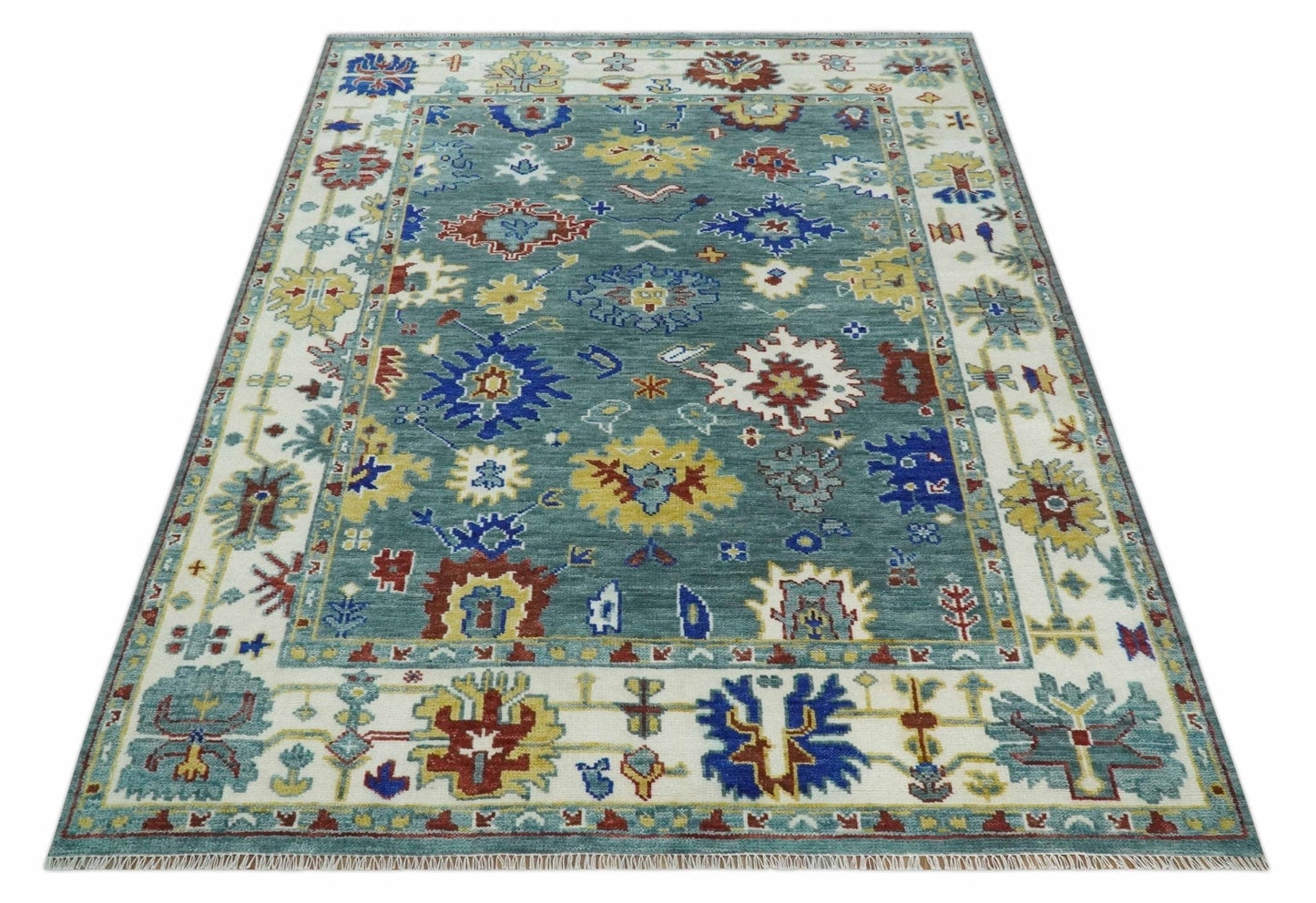 The Rug Decor Area Rug Custom Made Blue and Ivory Colorful Hand knotted Traditional Oushak wool Area Rug Custom Made Blue and Ivory Colorful Hand knotted Traditional Oushak wool Area Rug