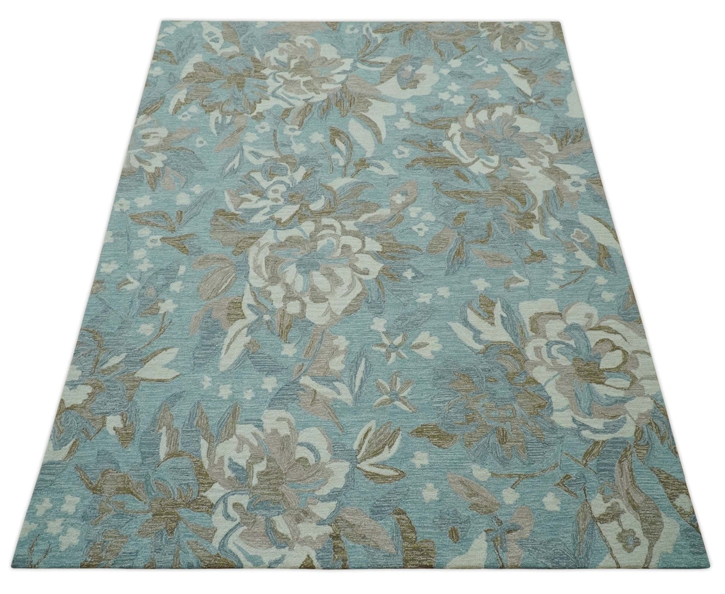 The Rug Decor Area Rug Custom Made Elegant Blue, Ivory and Olive Floral Design Hand Tufted wool Rug Custom Made Elegant Blue, Ivory and Olive Floral Design Hand Tufted wool Rug