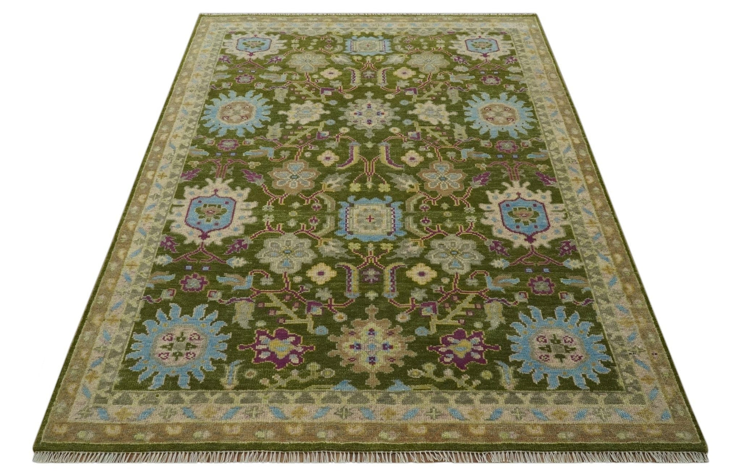 The Rug Decor Area Rug Custom Made Green, Beige and Purple Hand Knotted Traditional Oushak wool area rug Custom Made Green, Beige and Purple Hand Knotted Traditional Oushak wool area rug