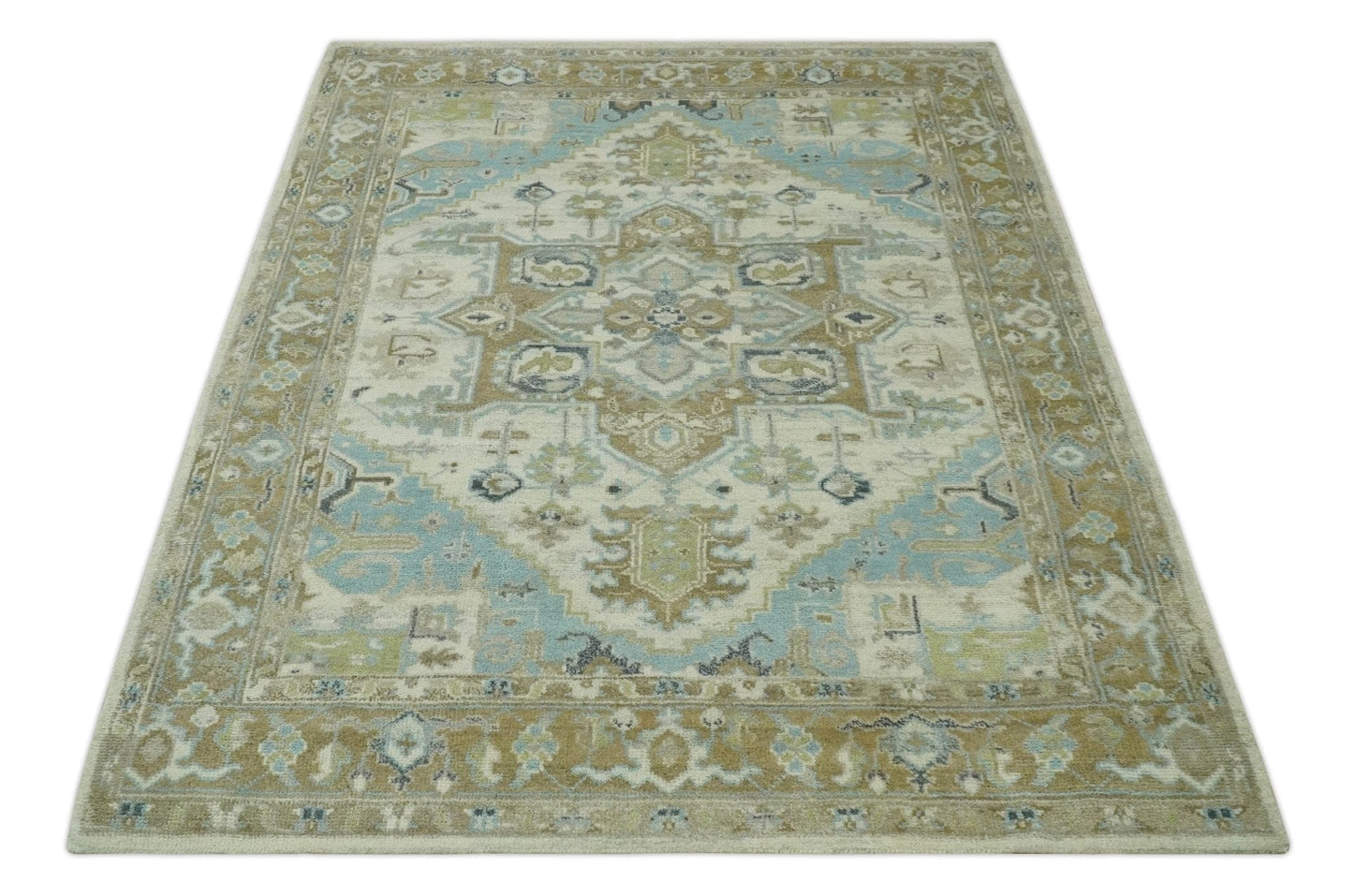 The Rug Decor Area Rug Custom Made Hand Knotted Ivory, Olive and Light Blue Traditional Wool Area Rug Custom Made Hand Knotted Ivory, Olive and Light Blue Traditional Wool Area Rug