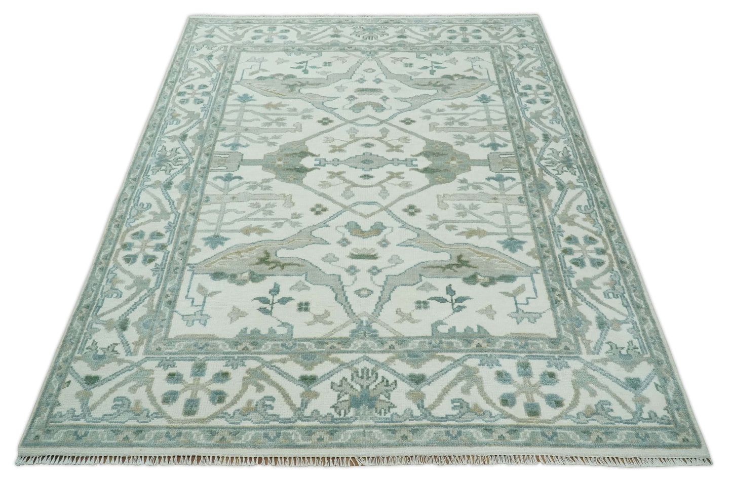 The Rug Decor Area Rug Custom Made Hand Knotted Oriental Oushak Ivory and Teal Wool Area Rug Custom Made Hand Knotted Oriental Oushak Ivory and Teal Wool Area Rug