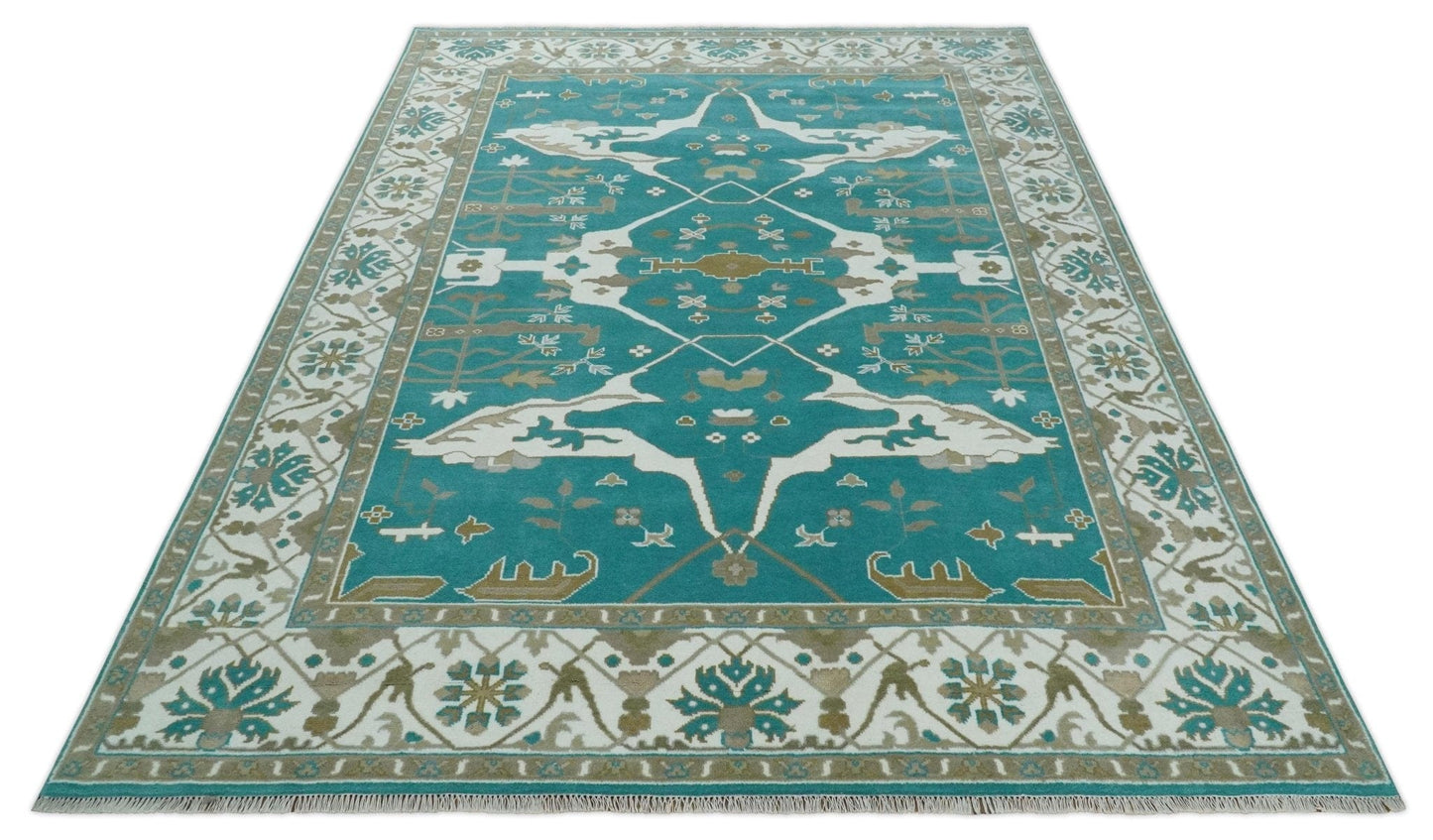 The Rug Decor Area Rug Custom Made Teal and Ivory Hand knotted Oriental Oushak Multi Size wool Area Rug Custom Made Teal and Ivory Hand knotted Oriental Oushak Multi Size wool Area Rug