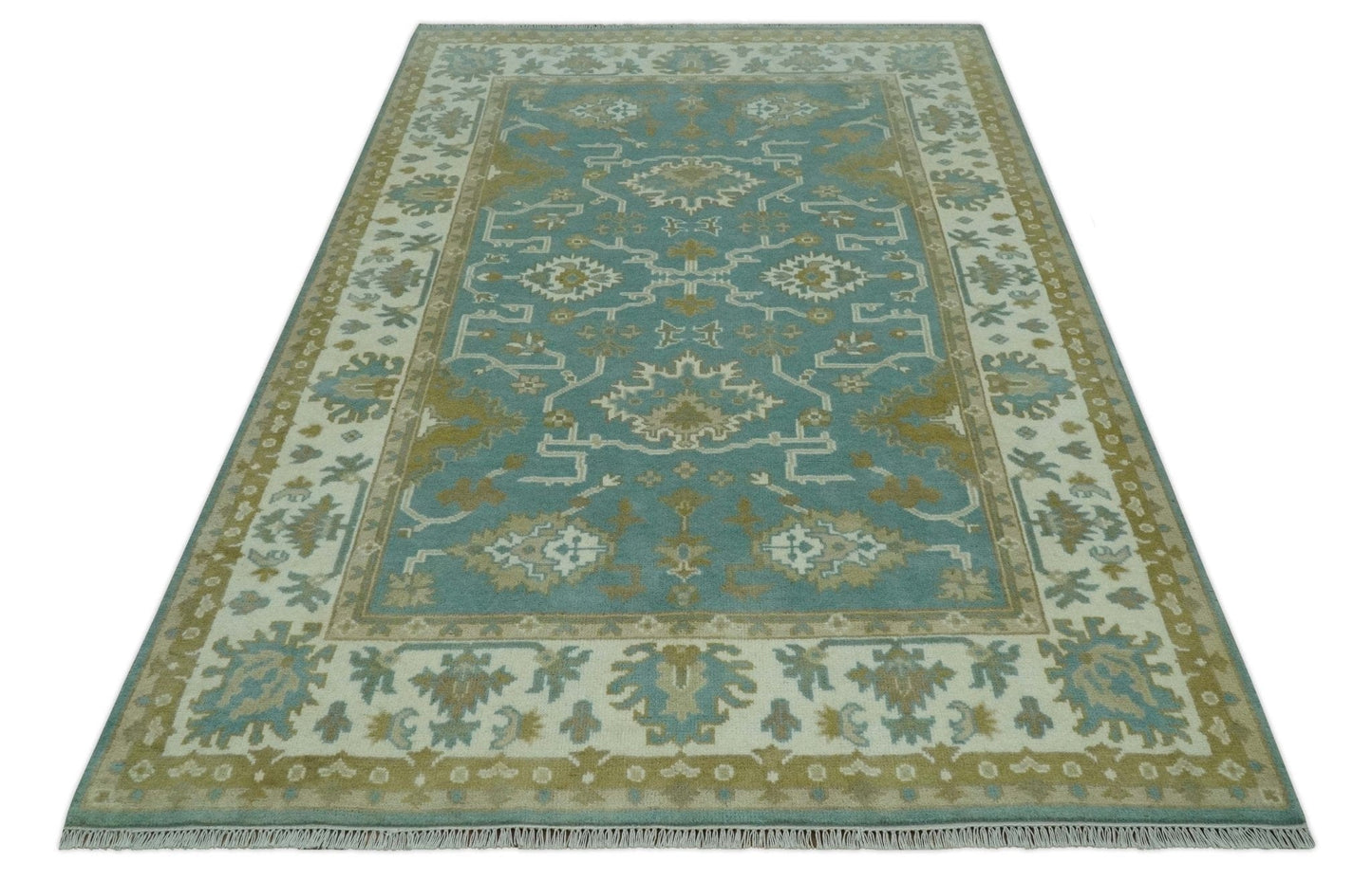 The Rug Decor Area Rug Custom Made Teal, Ivory and Olive Hand Knotted Traditional Oriental Oushak wool rug Custom Made Teal, Ivory and Olive Hand Knotted Traditional Oriental Oushak wool rug