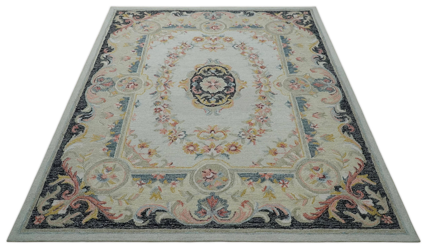 The Rug Decor Area Rug French Design Aubusson Custom Made Ivory, Light Green and Charcoal Hand Tufted wool Area Rug French Design Aubusson Custom Made Ivory, Light Green and Charcoal Hand Tufted wool Area Rug