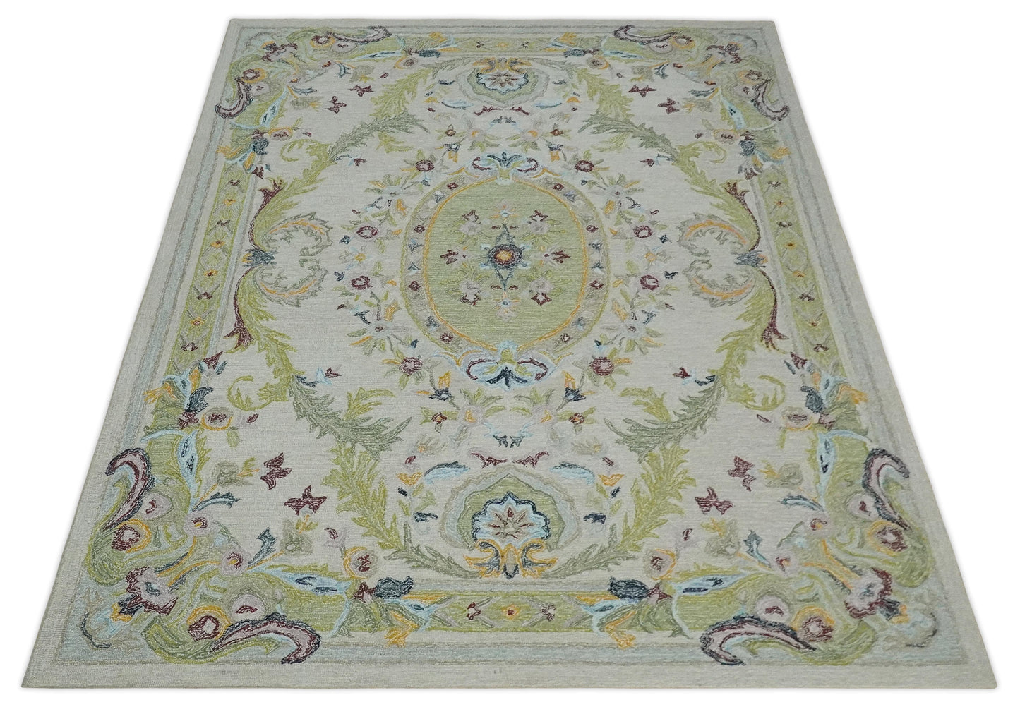 The Rug Decor Area Rug Ivory and Green Custom Made French Design Aubusson Hand Tufted Wool Area Rug Ivory and Green Custom Made French Design Aubusson Hand Tufted Wool Area Rug