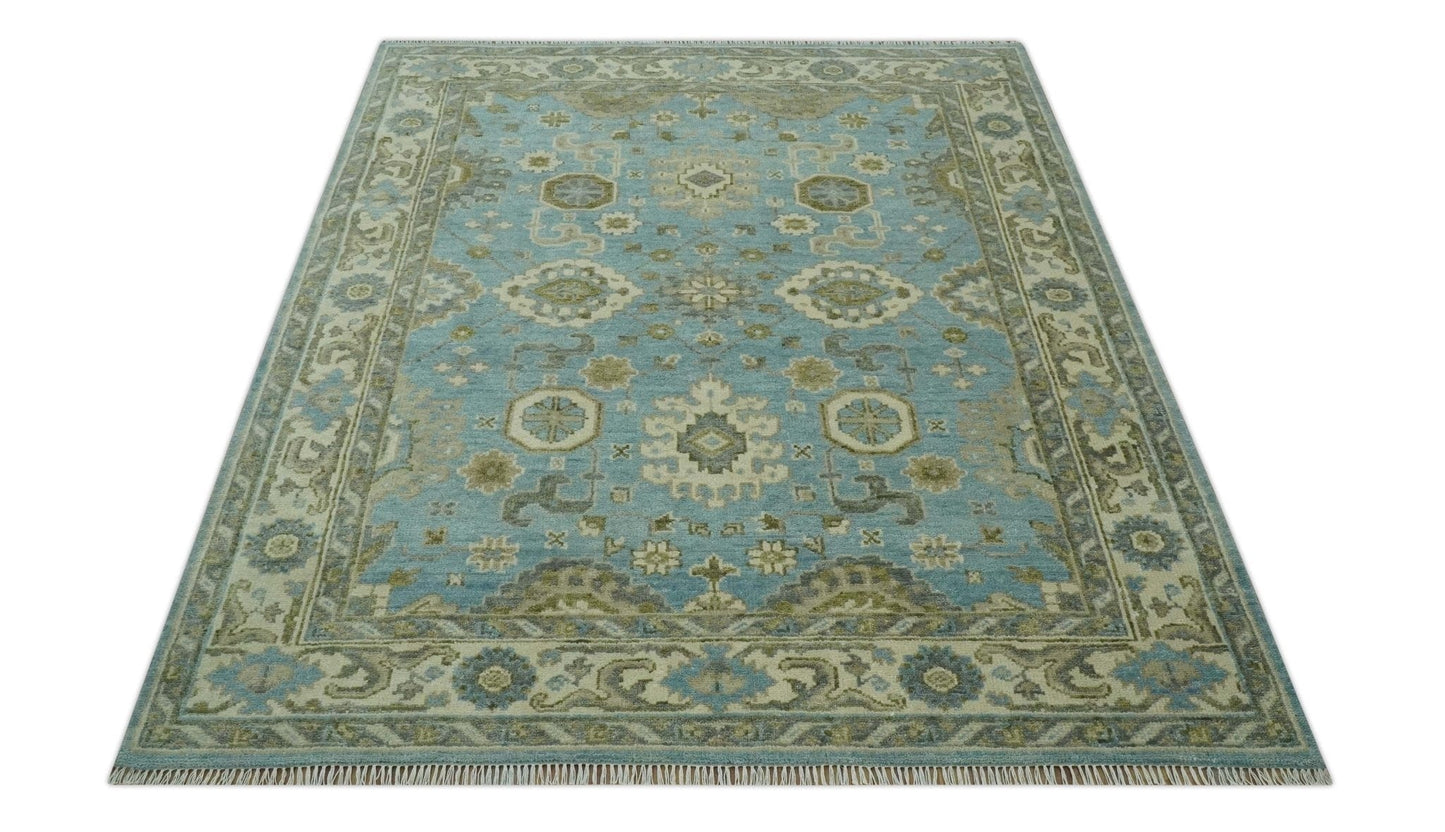 The Rug Decor Area Rug Sea Blue, Green and Ivory Hand Knotted Traditional Oushak Custom Made wool rug Sea Blue, Green and Ivory Hand Knotted Traditional Oushak Custom Made wool rug