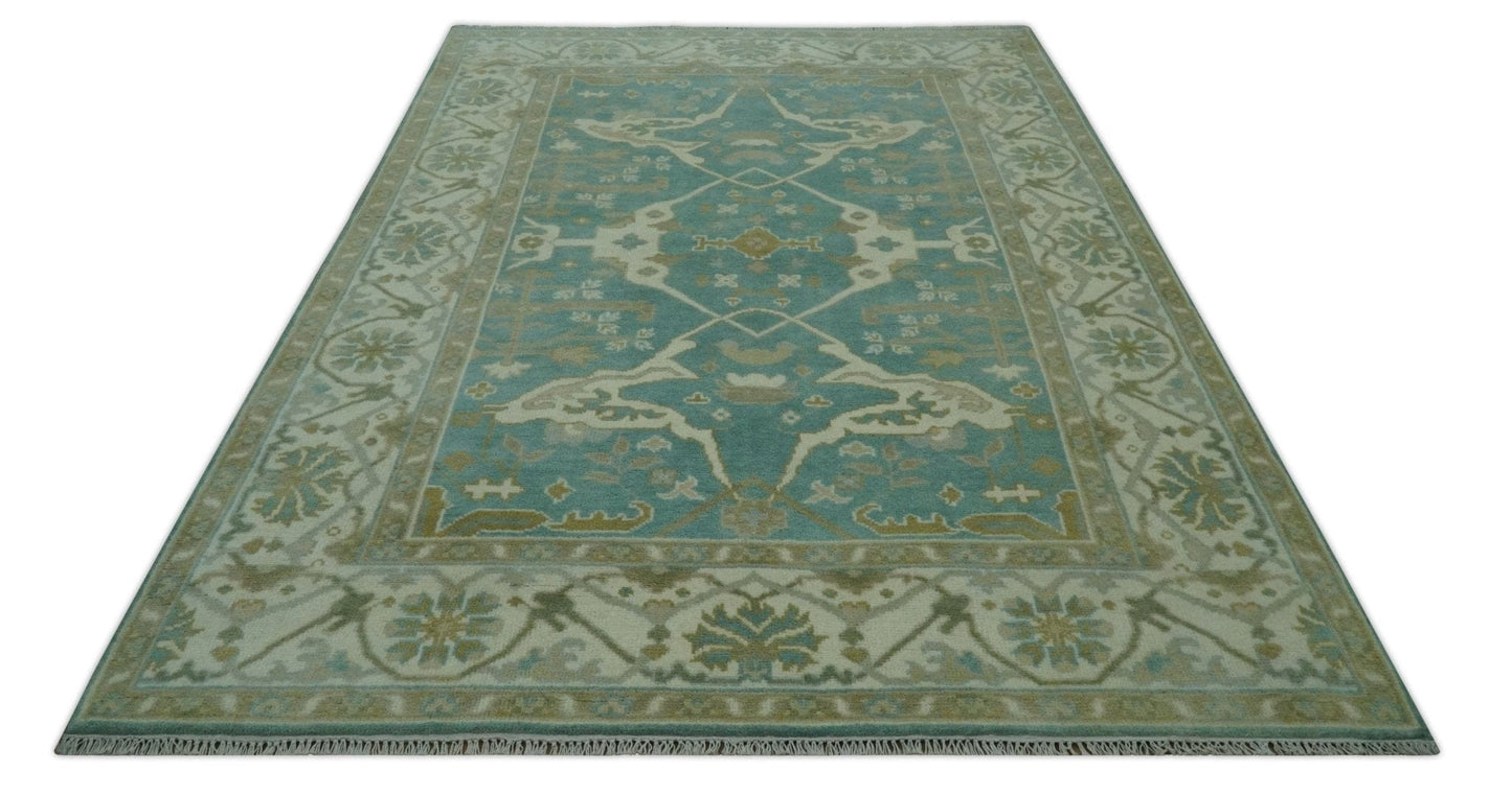 The Rug Decor Area Rug Teal and Ivory Hand Knotted Traditional Oriental Oushak Custom Made wool rug Teal and Ivory Hand Knotted Traditional Oriental Oushak Custom Made wool rug