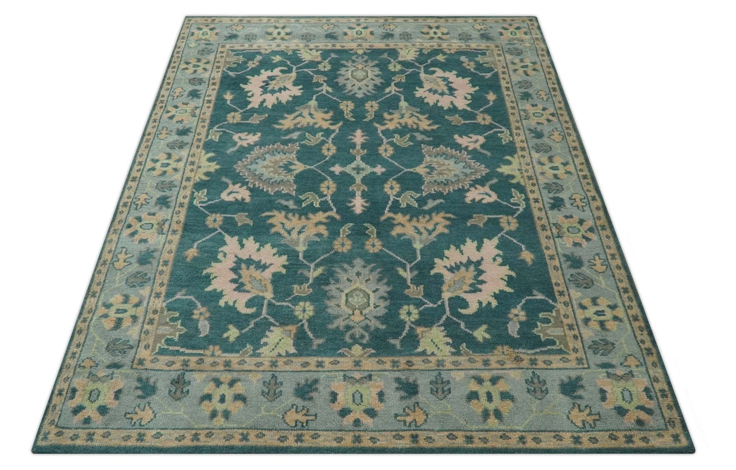 The Rug Decor Area Rug Teal, Gray and Beige Hand Knotted Traditional Oushak Custom Made wool Area Rug Teal, Gray and Beige Hand Knotted Traditional Oushak Custom Made wool Area Rug