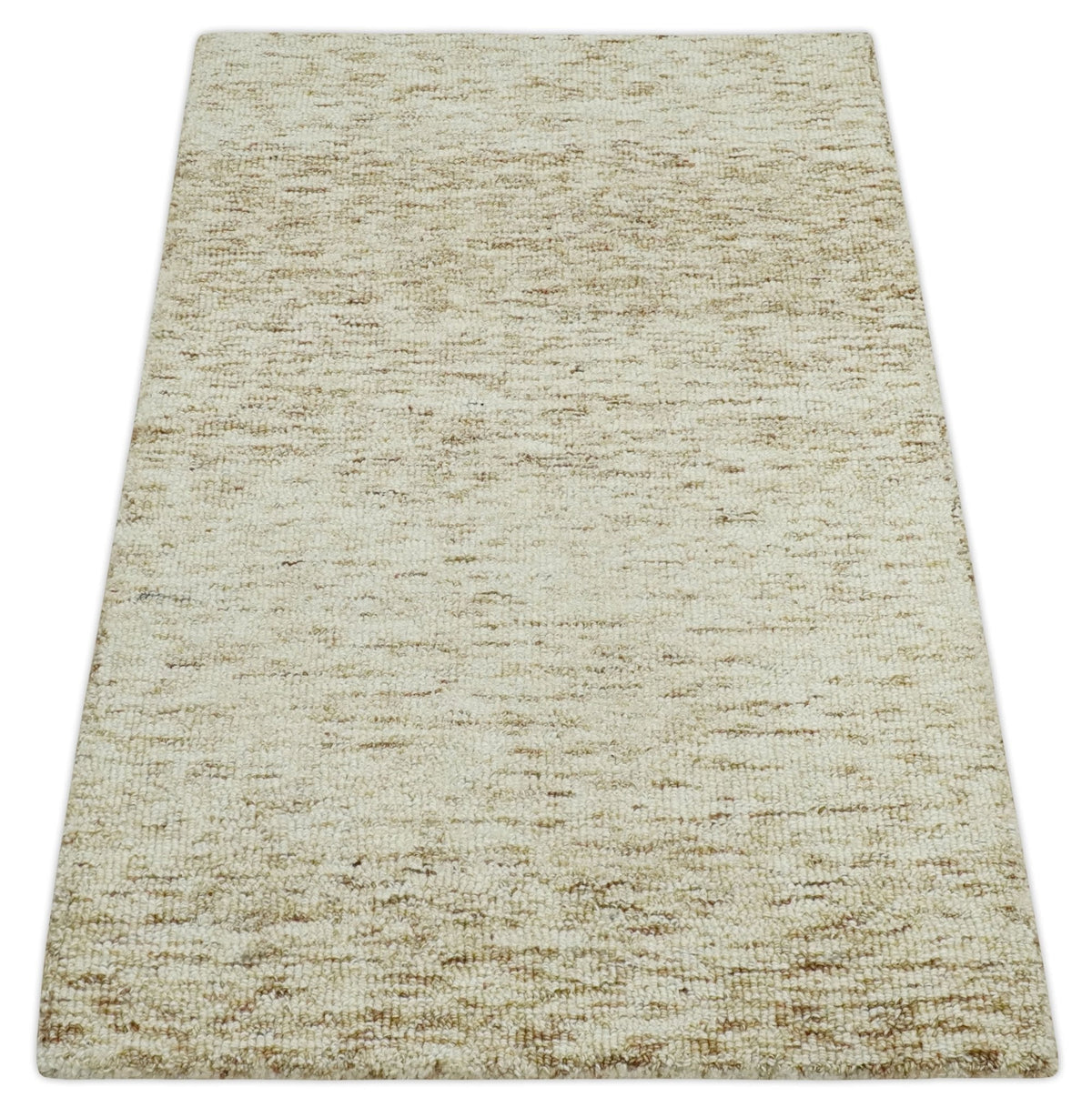 Beige and Ivory Modern Solid Hand Woven Wool Rug.