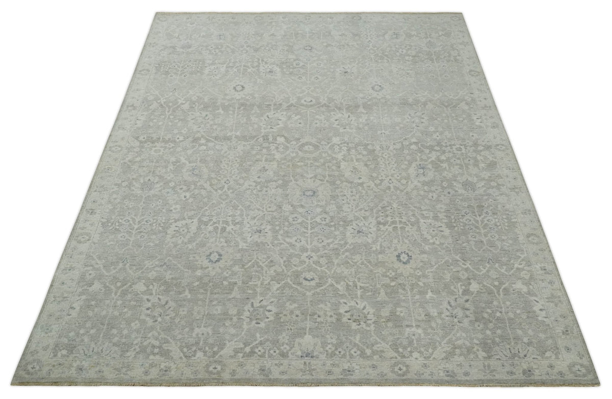 Beige and Silver Custom Made Antique Style Distressed Finished Low Pile wool Area Rug.