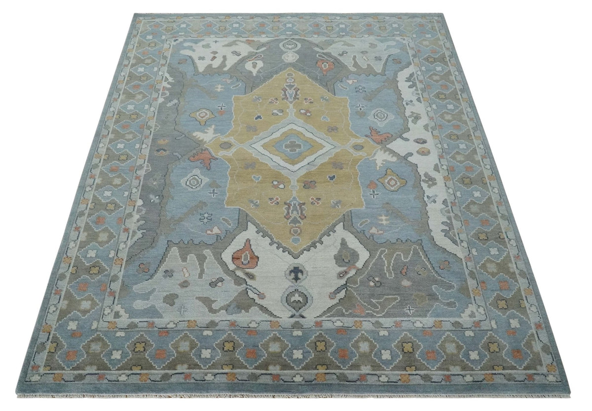 Beige, Blue and Ivory Hand Knotted Traditional Wool Area Rug.