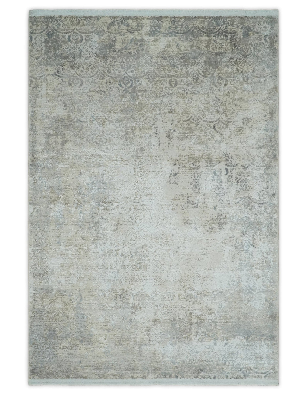 3x5 Beige, Brown and Silver Antique Finish Silk Area Rug.