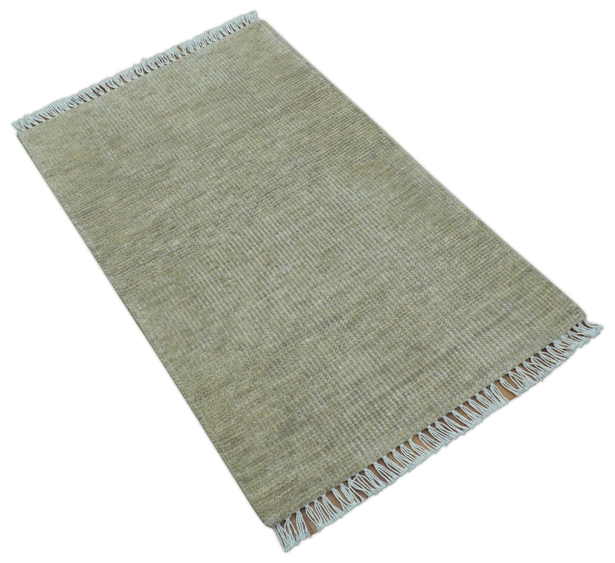 Beige Modern Solid Design Hand Knotted Wool Area Rug.