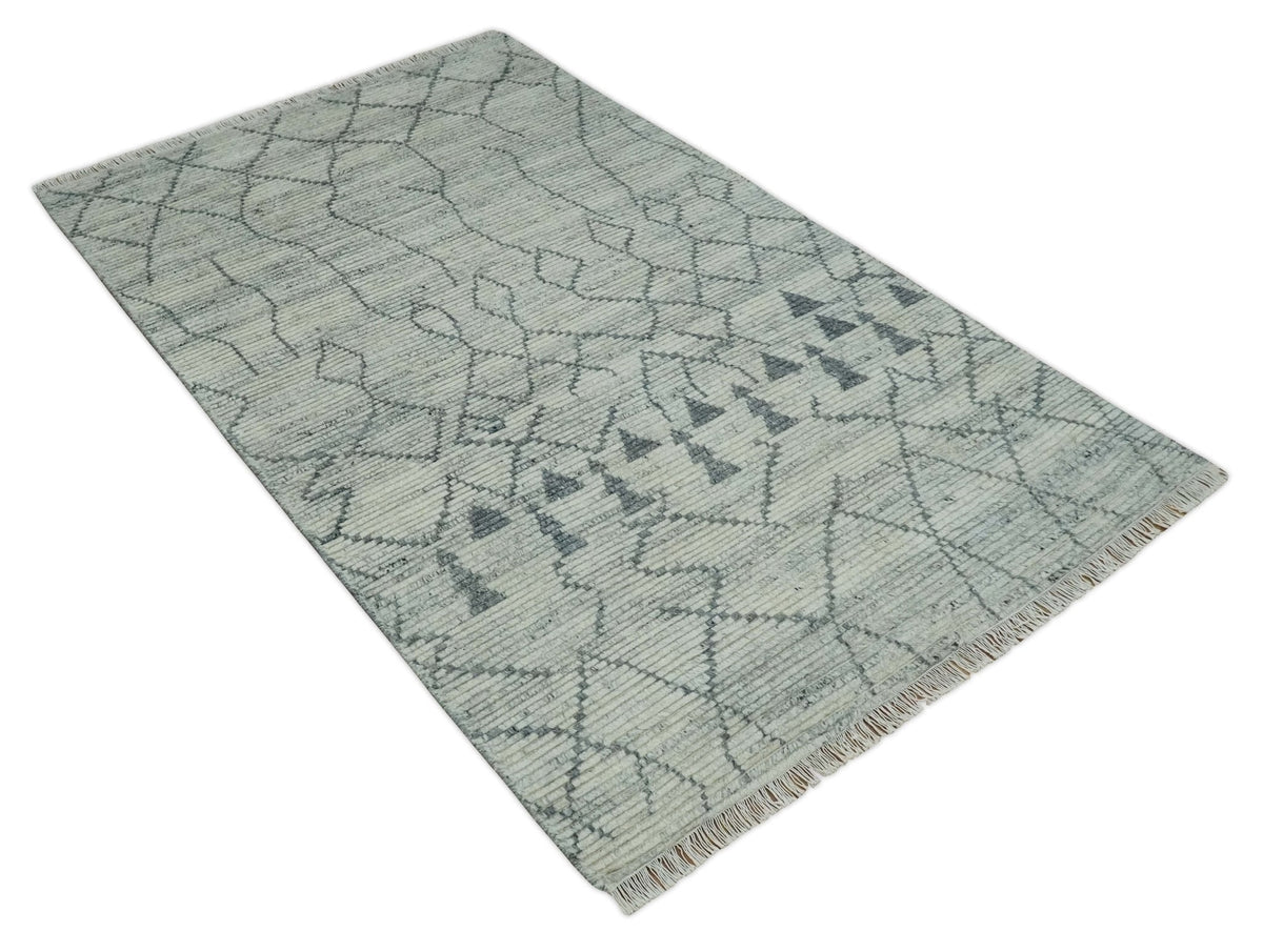 Custom Made Hand Knotted Beige And Gray Moroccan Trellis Blended Wool Rug.