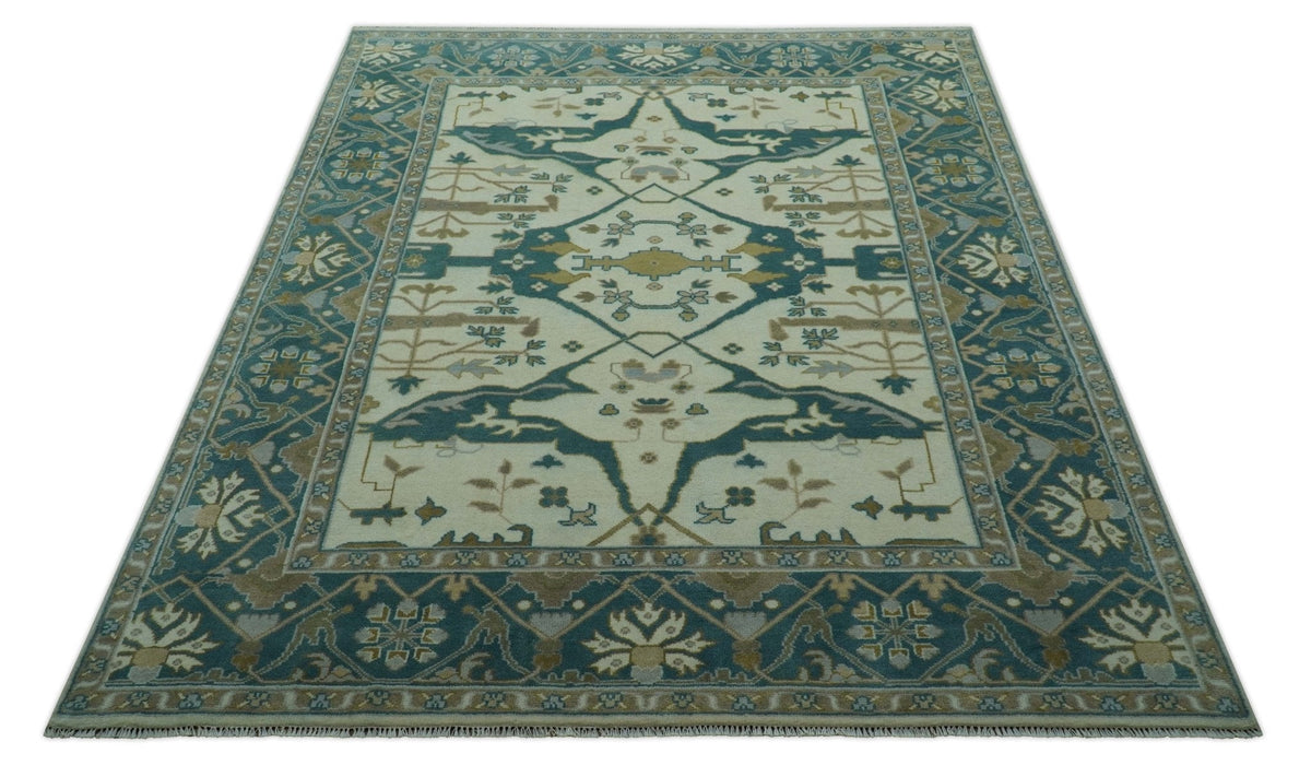 Blue And Beige Traditional Oushak Hand Knotted Custom Made wool rug.