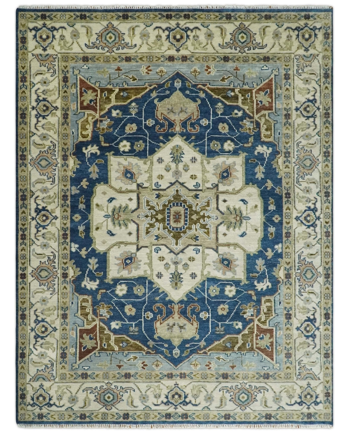 Antique look Blue, Ivory and Olive Traditional Heriz Medallion Multi Size wool Area Rug.