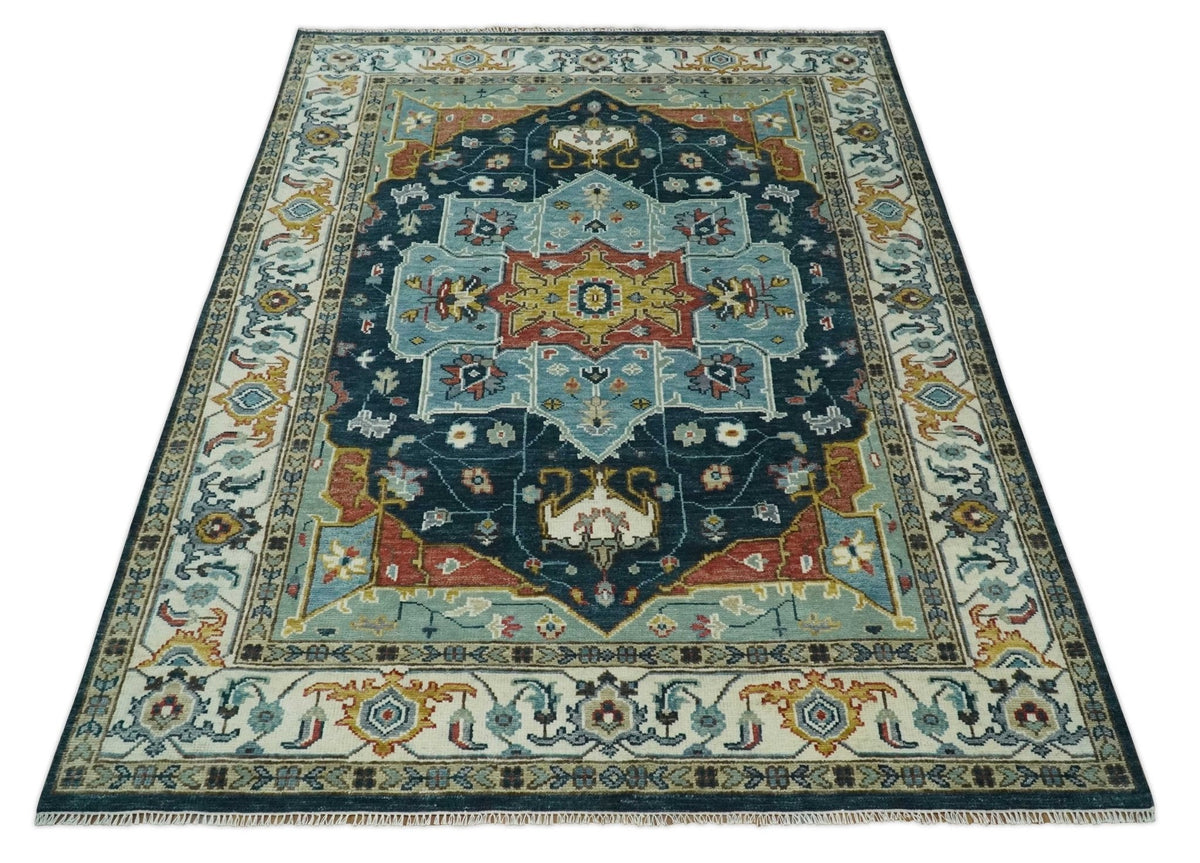 Custom Made Blue and Ivory Hand Knotted Medallion Design Wool Area Rug.
