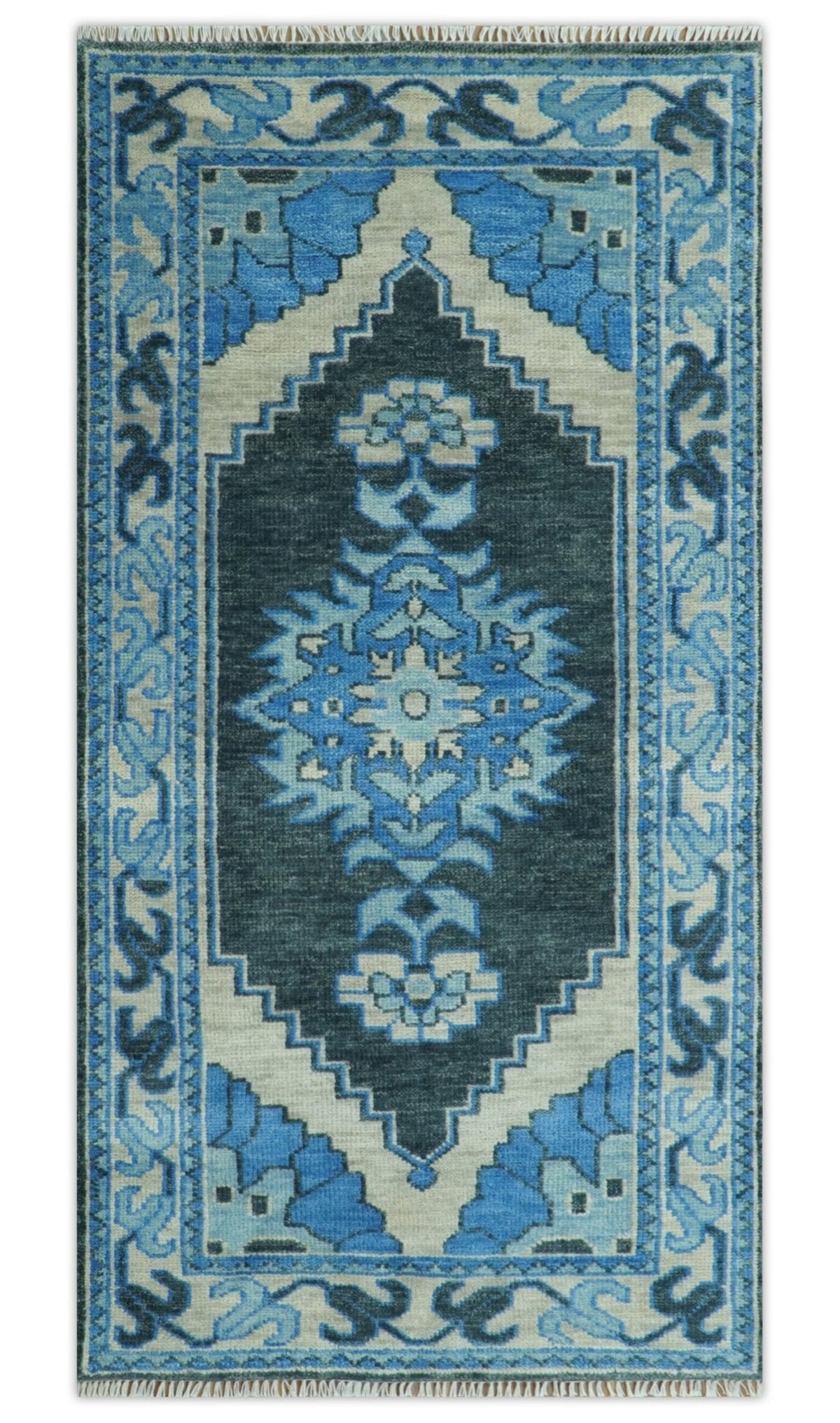 Blue and Black Hand Knotted Traditional Heriz Multi Size Wool Area Rug.