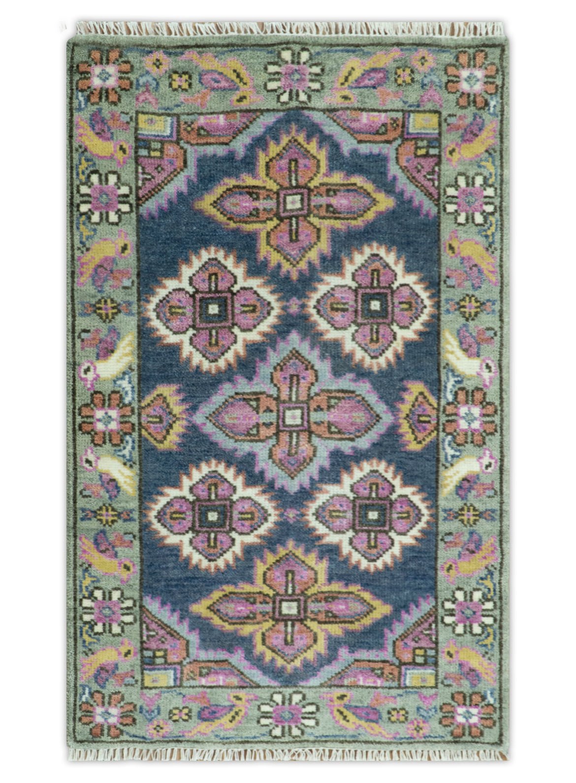 Blue, Purple and Green hand knotted Traditional Heriz Serapi Wool Area Rug.