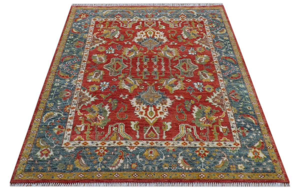 Cali Hand Knotted Turkish Design Rust And Blue Wool Rug.