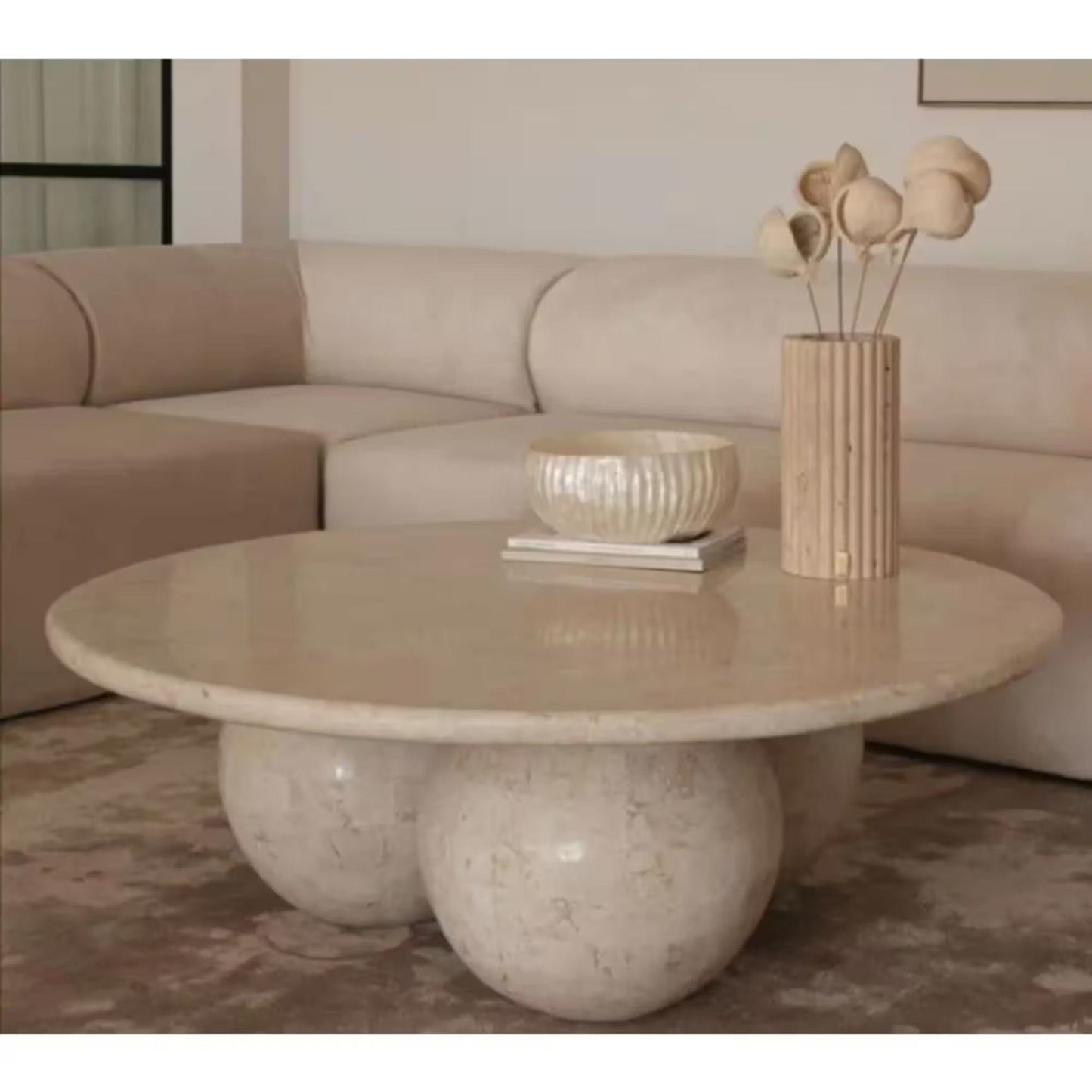 Villohome | Online Flooring Shop Coffee Tables Troia Light Travertine Round Designer Coffee Table with Sphere Legs Troia Light Travertine Round Designer Coffee Table with Sphere Legs