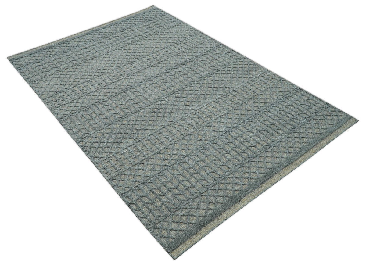 Contemporary Design Gray Hand Knotted Wool Area Rug.