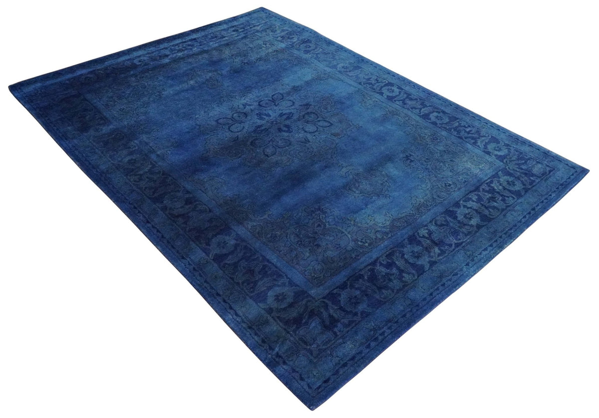 Traditional Design Overdyed Blue Hand Tufted Wool Area Rug.