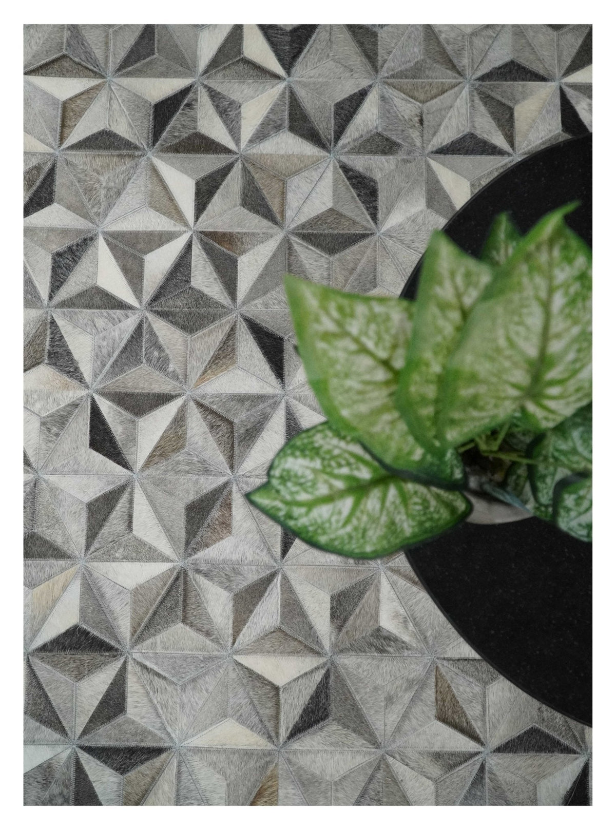 Custom Made Cowhide Leather Patchwork Silver and Gray Leather Modern Geometric Rug.