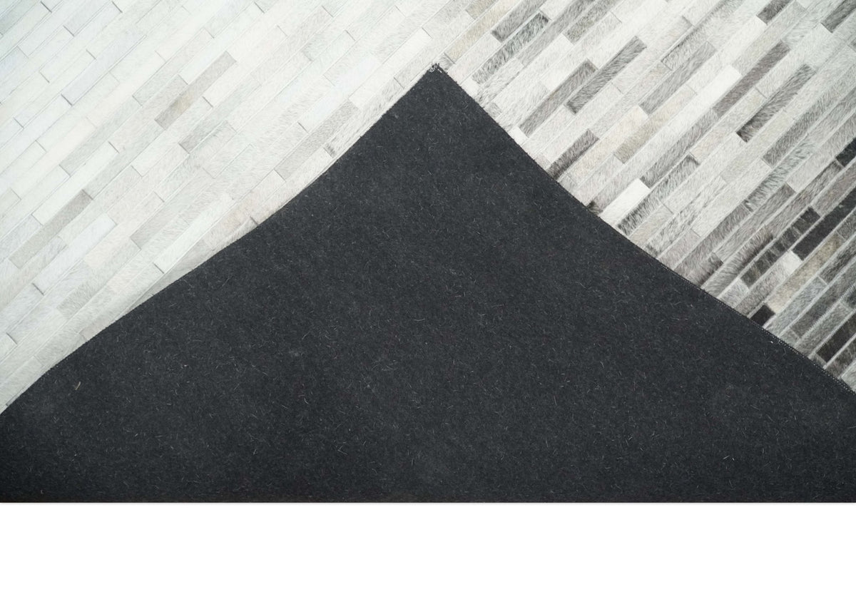 Custom Made Leather Striped Gray and Silver Leather Rug.