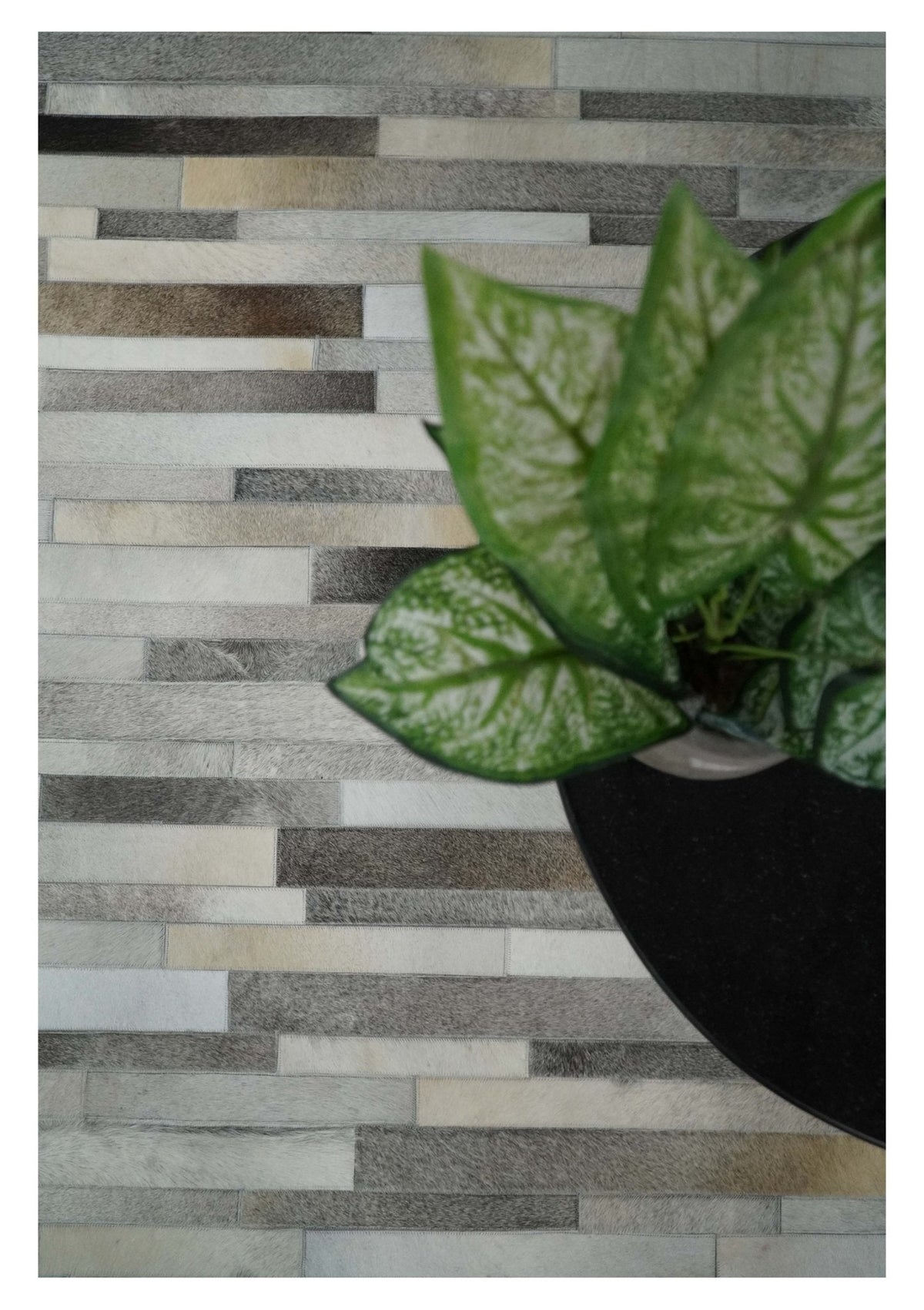 Modern Geometrical Leather Striped Silver and Ivory Leather Custom Made Area Rug.