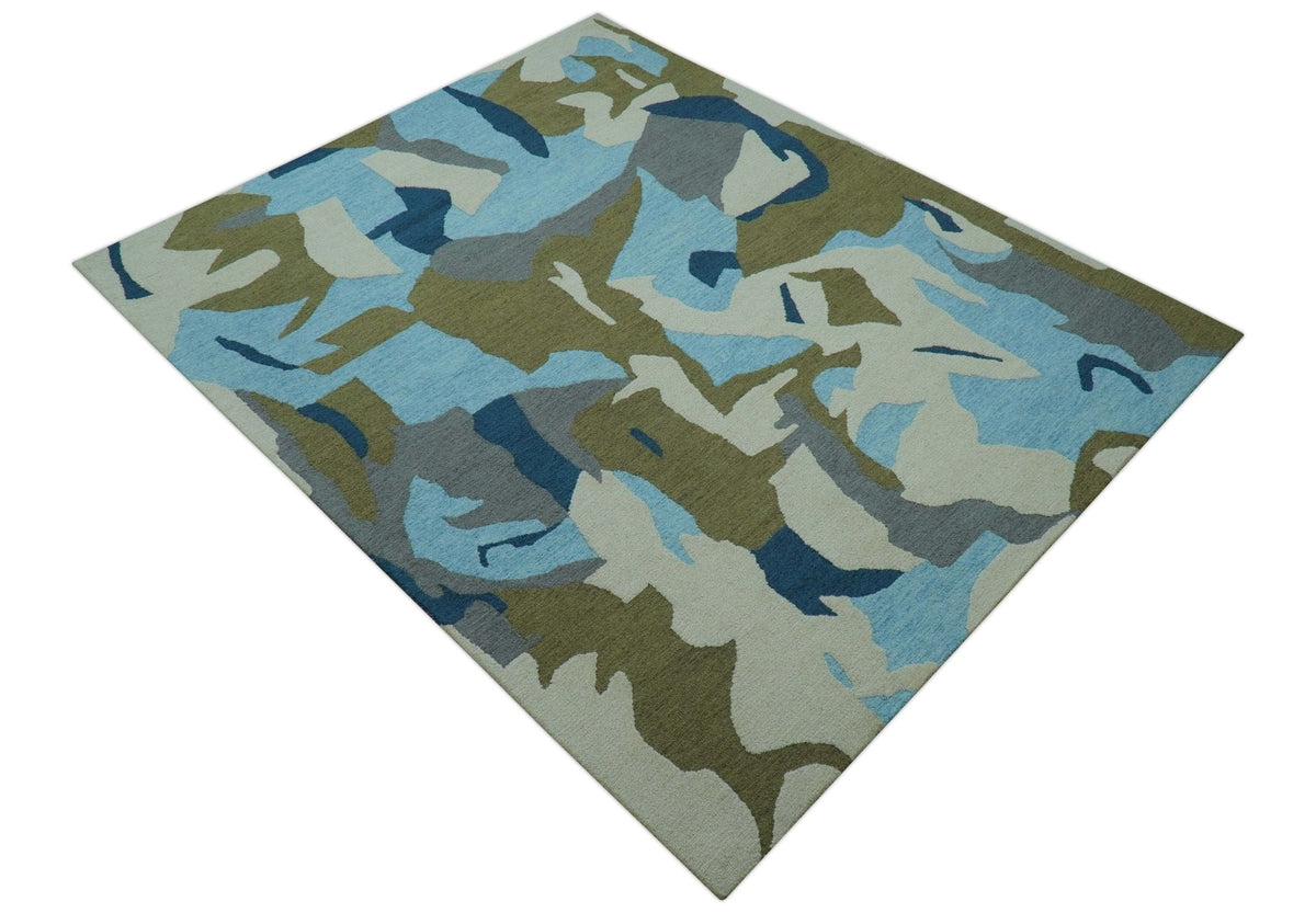 Custom Made Abstract Blue And Green Wool Rug.