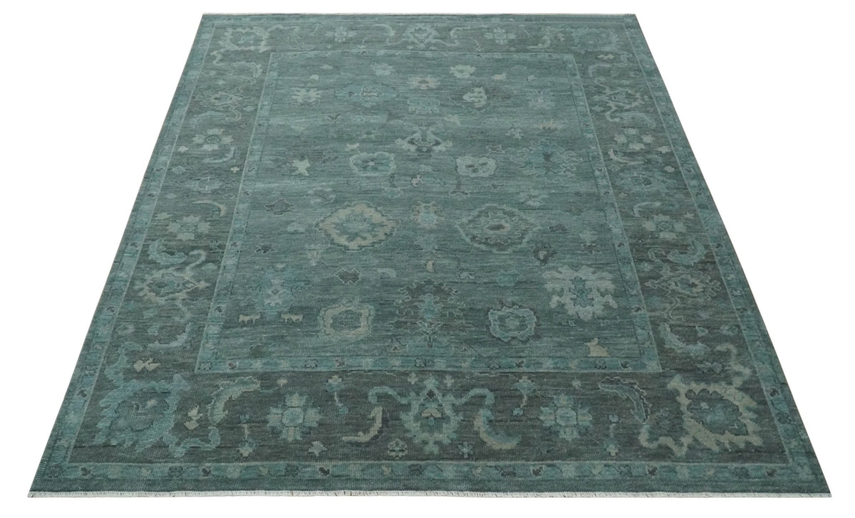 Custom Made Antique Style Blue and Charcoal Hand Knotted Oushak Wool Area Rug.