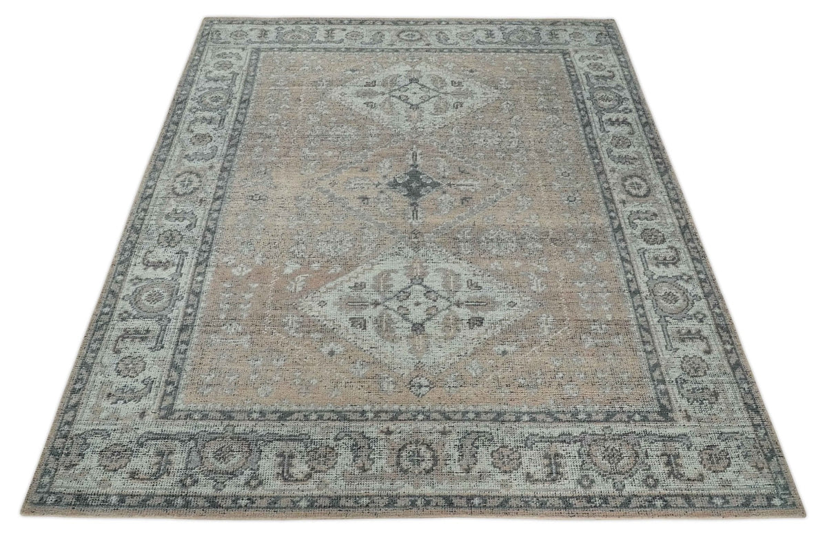 Custom Made Antique Style Peach, Ivory and Charcoal Hand knotted Traditional Wool Rug.