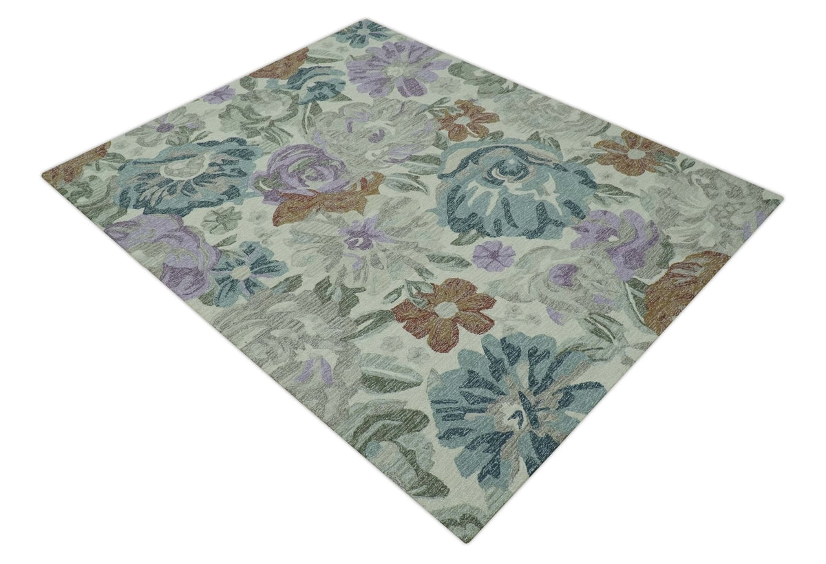 Custom Made Beautiful Ivory, Gray, Purple Flower Design Hand Tufted wool Area Rug.