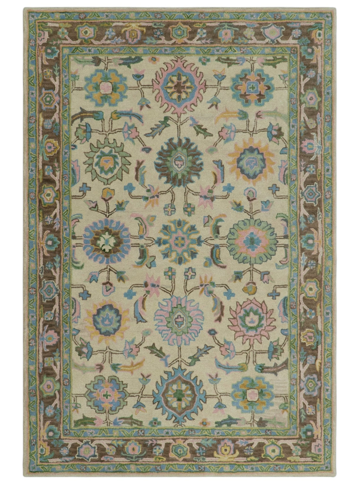 Custom Made Beige, Blue and Purple Traditional Floral Hand Tufted wool rug.
