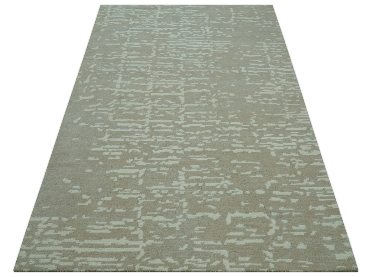 Custom Made Beige Modern Contemporary Hand Knotted Wool Area Rug.