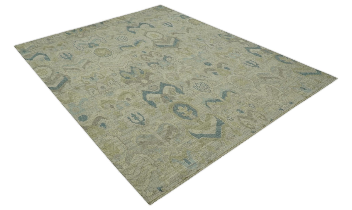 Custom Made Blue And Beige Modern Ikat Design Hand Knotted Wool Area Rug.