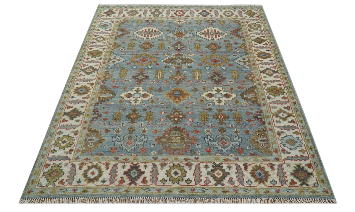 Custom Made Blue And Beige Traditional Hand Knotted Wool Area Rug.