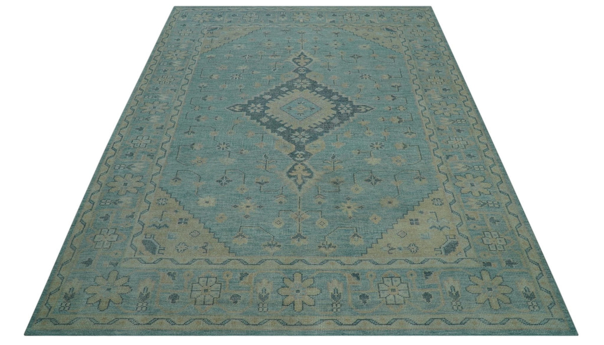 Custom Made Blue And Beige Turkish Design Hand knotted Wool Area Rug.