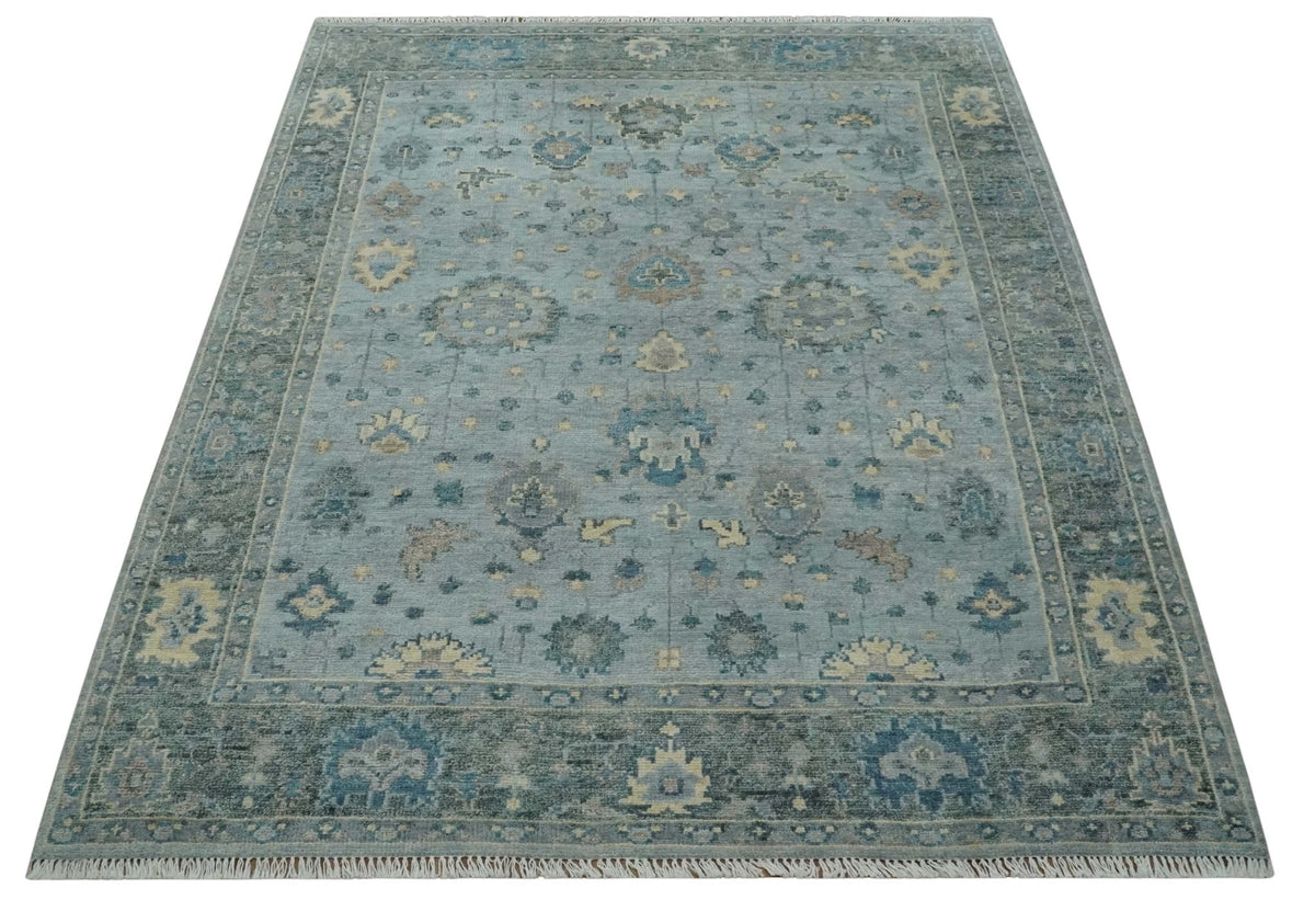 Custom Made Blue and Green Hand knotted traditional Oushak wool Area Rug.