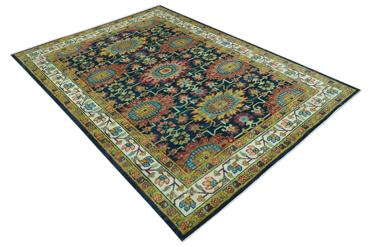 Custom Made Blue And Olive Traditional Medallion Hand Knotted Wool Rug.