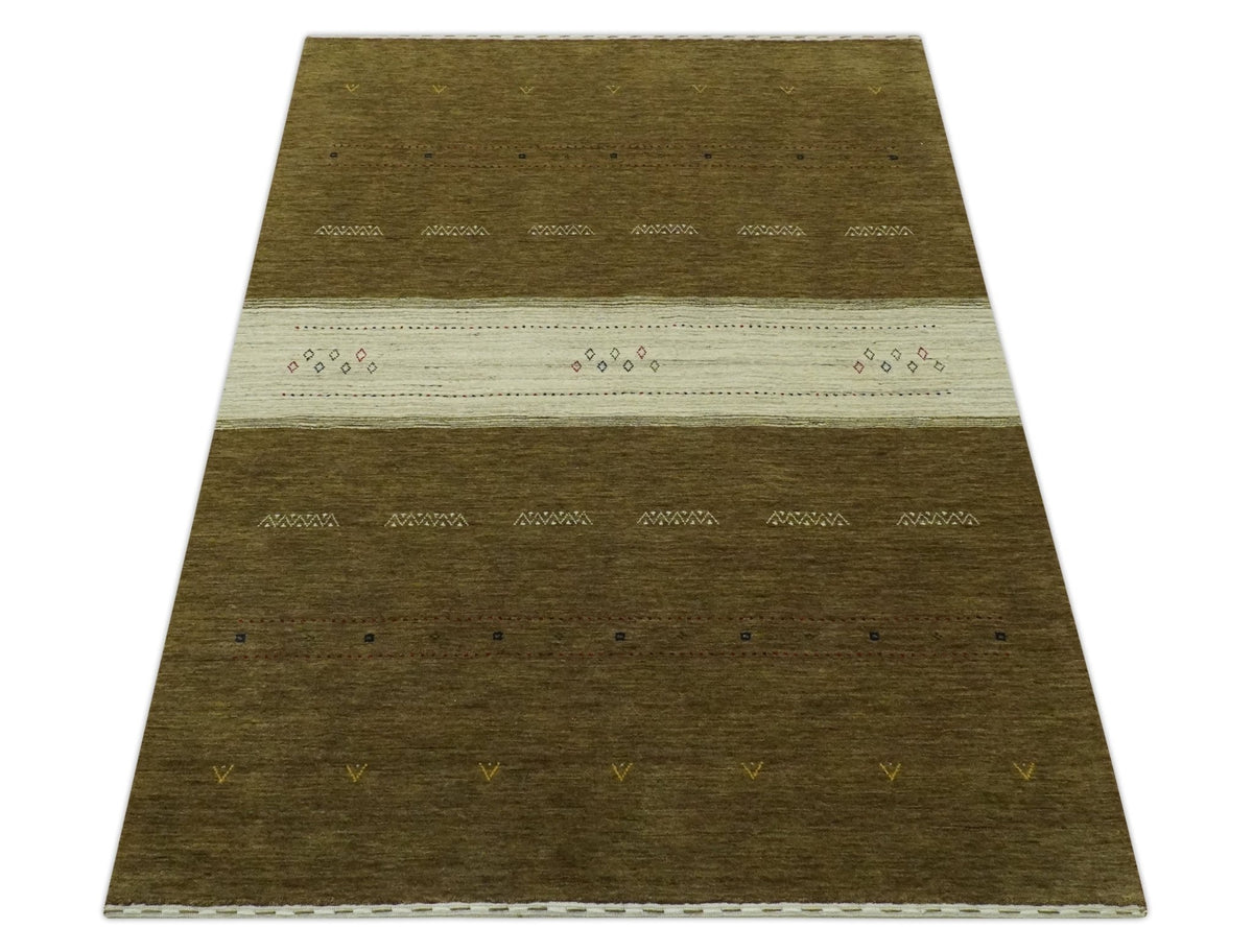 Custom Made Brown and Ivory Geometrical Stripes Design wool Area Rug.
