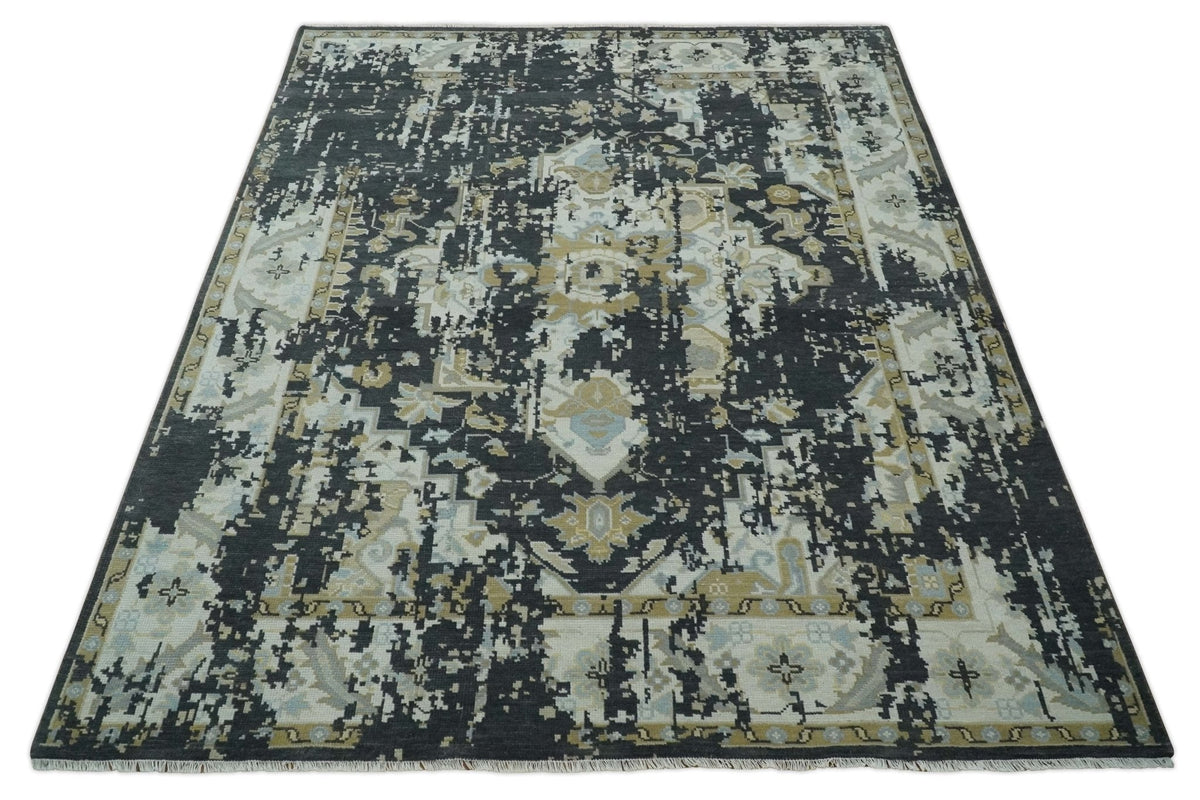 Custom Made Charcoal, Ivory and Beige Transitional Hand knotted wool Area Rug.