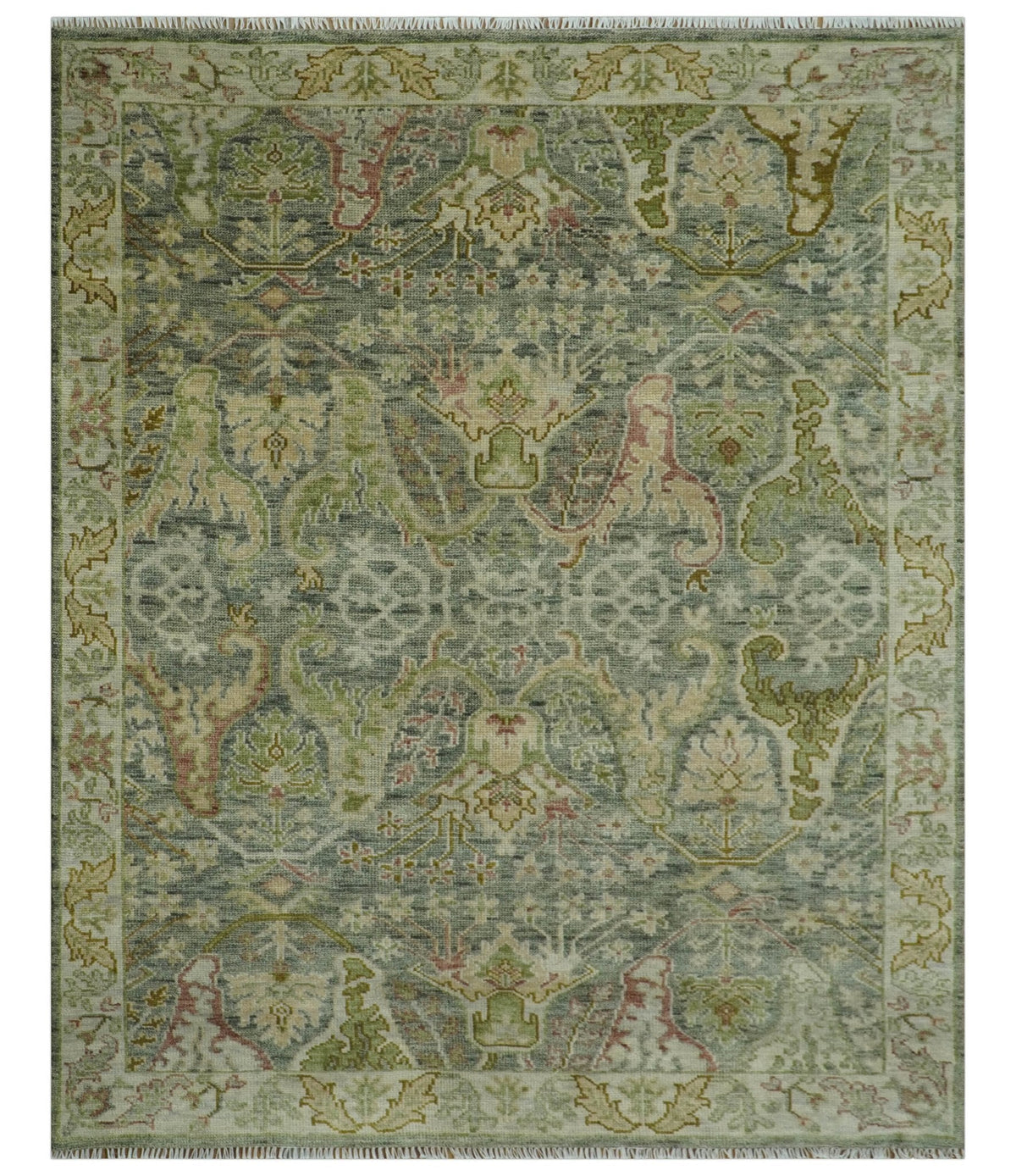 Custom Made Gray, Silver and Green Hand Knotted Traditional Large Design wool area rug.