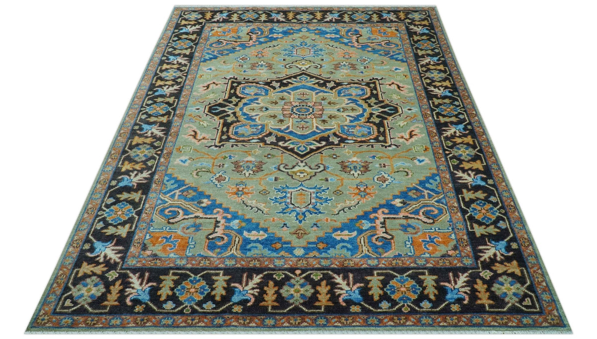 Custom Made Green And Blue Traditional Heriz Hand Knotted Wool Rug.