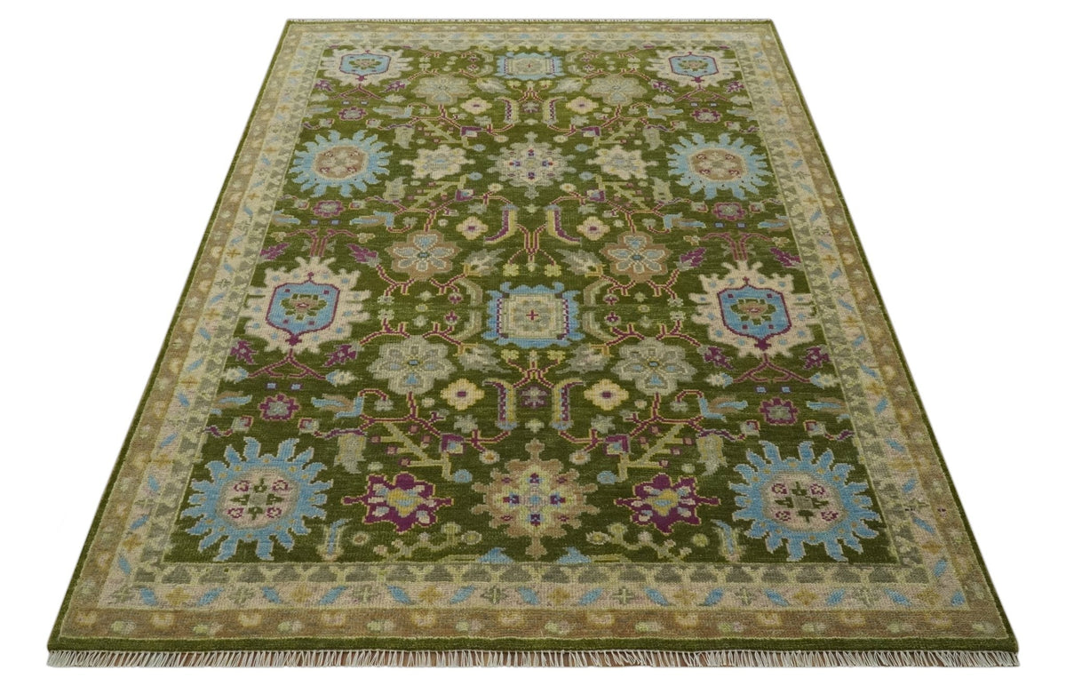Custom Made Green, Beige and Purple Hand Knotted Traditional Oushak wool area rug.